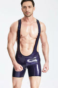 Latex Men’s Classic Wrestling Singlet with Y-Back Straps – Metallic Purple and Black