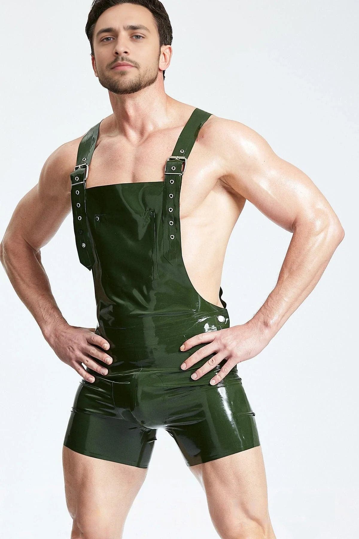 Latex Men’s Dungaree Shorts with Single Shoulder Strap – Olive Green