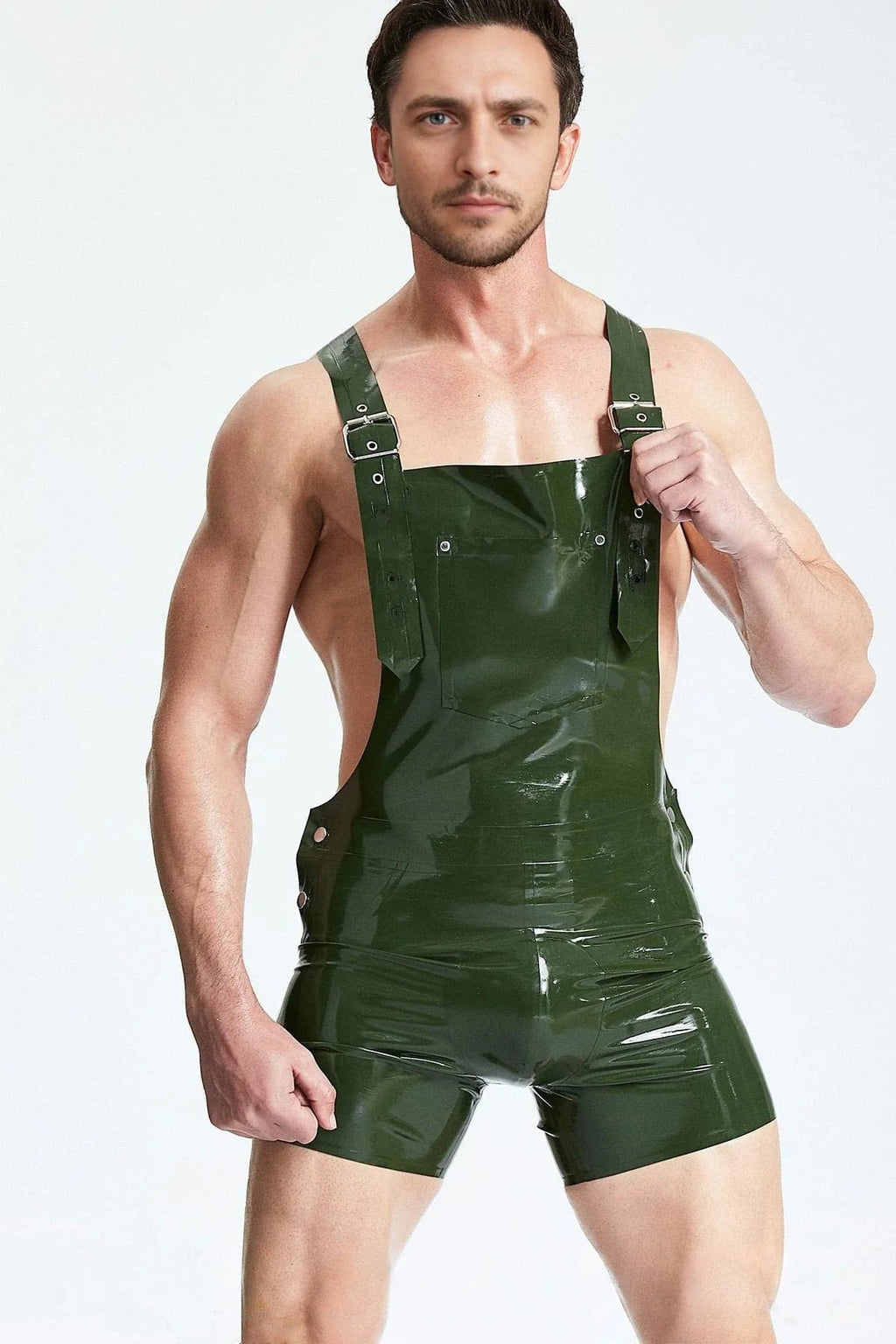 Latex Men’s Dungaree Shorts with Single Shoulder Strap – Olive Green