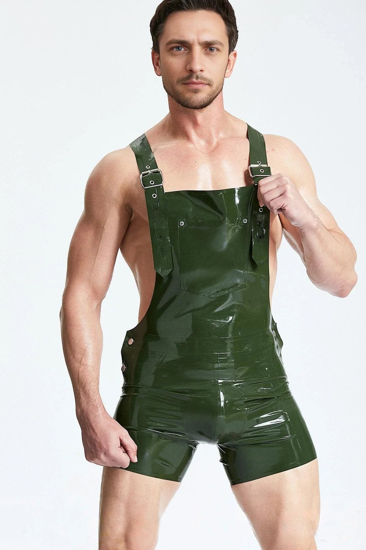 Latex Men’s Dungaree Shorts with Single Shoulder Strap – Olive Green