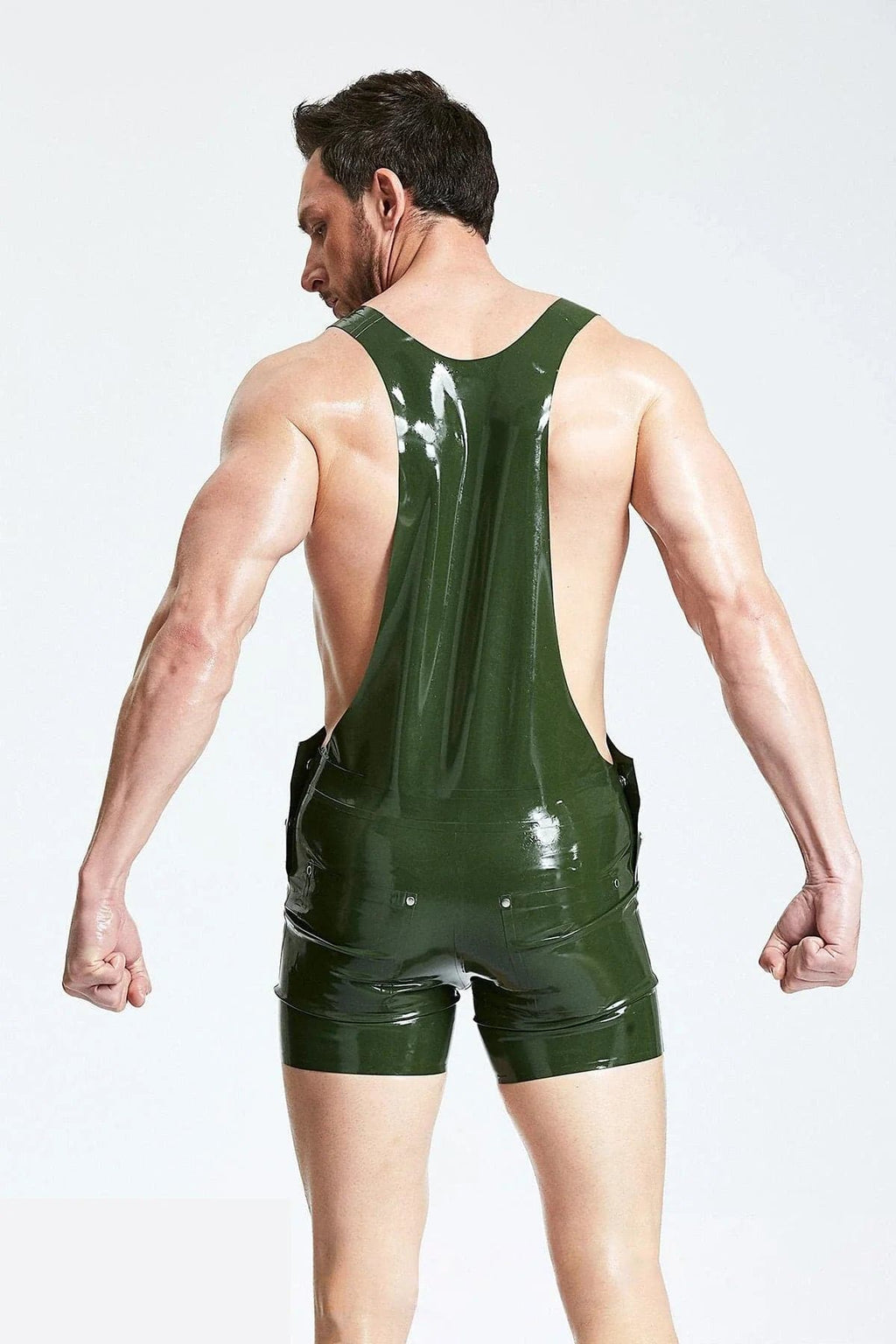 Latex Men’s Dungaree Shorts with Single Shoulder Strap – Olive Green