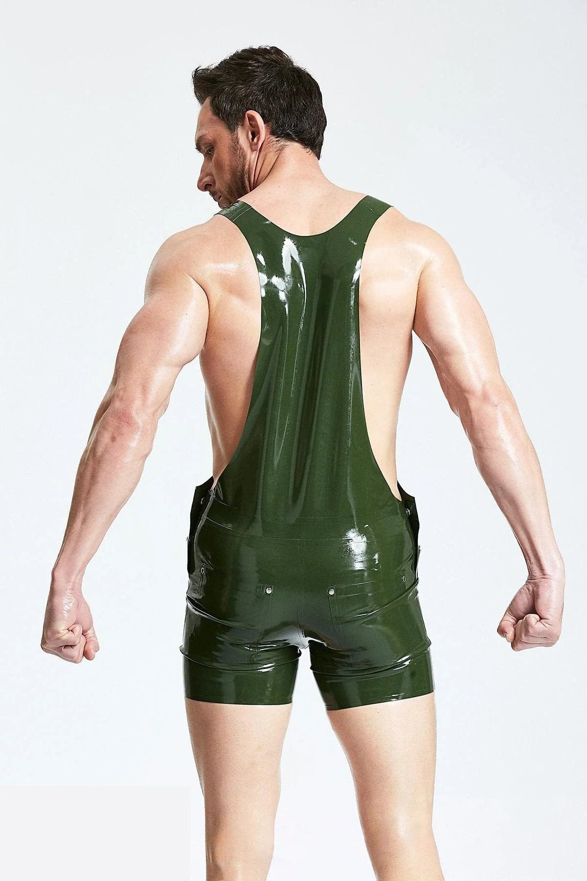 Latex Men’s Dungaree Shorts with Single Shoulder Strap – Olive Green