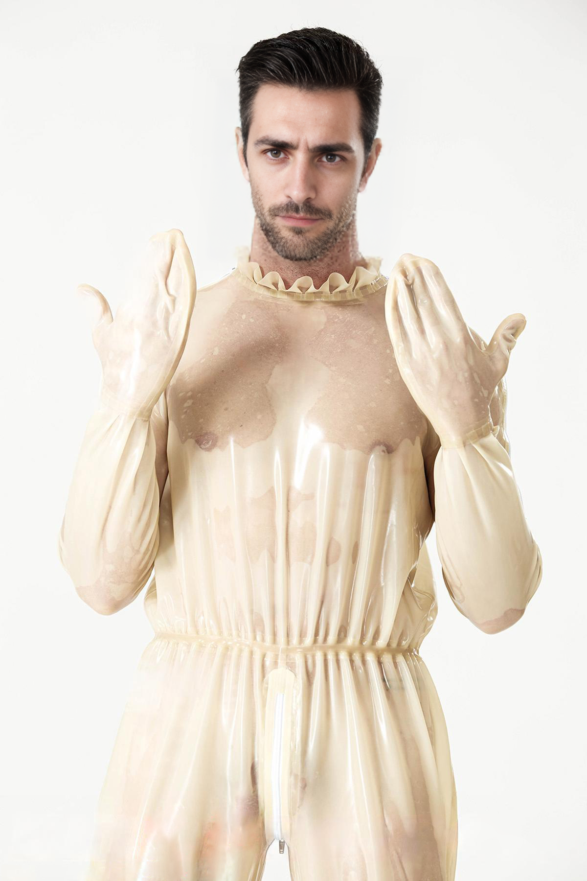 Latex Men’s Translucent Play Suit with Frilled Collar and Elasticated Waist