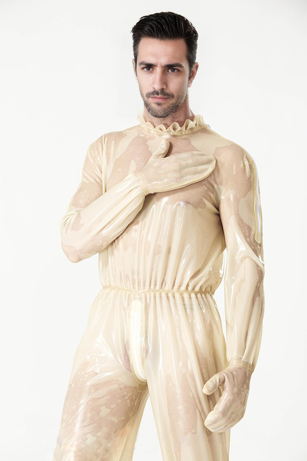 Latex Men’s Translucent Play Suit with Frilled Collar and Elasticated Waist