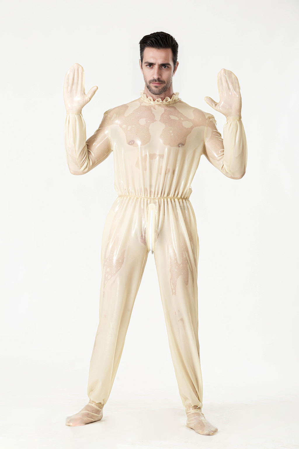 Latex Men’s Translucent Play Suit with Frilled Collar and Elasticated Waist