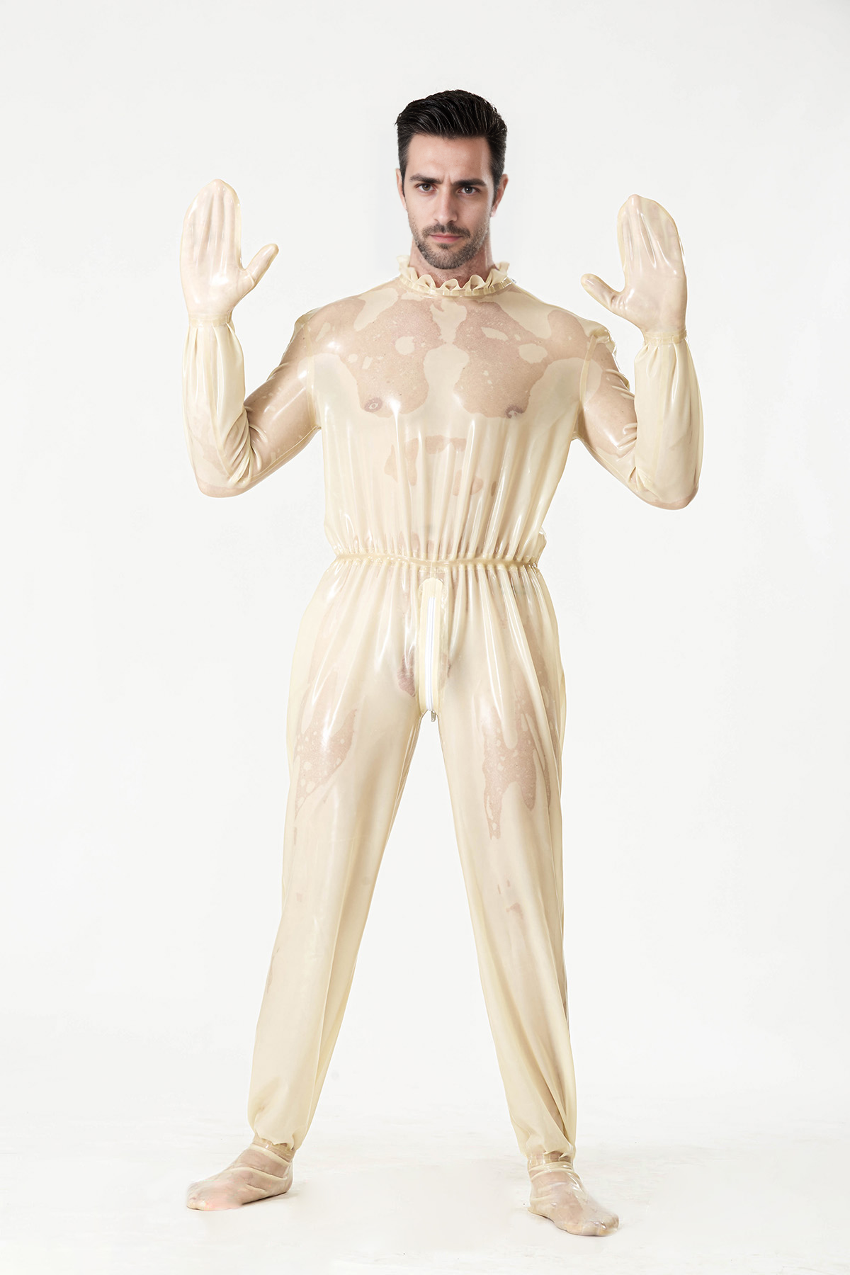 Latex Men’s Translucent Play Suit with Frilled Collar and Elasticated Waist