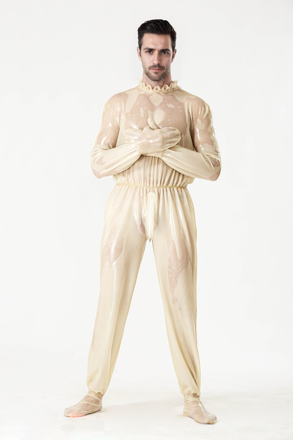Latex Men’s Translucent Play Suit with Frilled Collar and Elasticated Waist