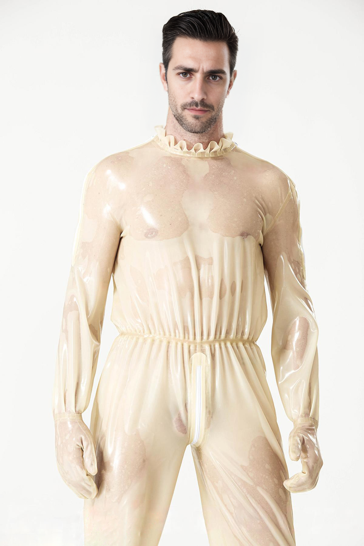 Latex Men’s Translucent Play Suit with Frilled Collar and Elasticated Waist