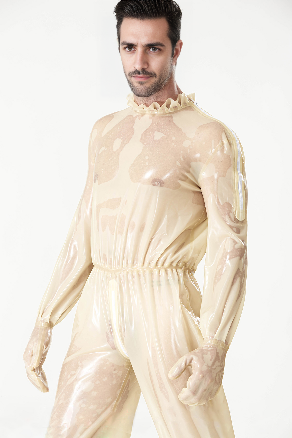 Latex Men’s Translucent Play Suit with Frilled Collar and Elasticated Waist