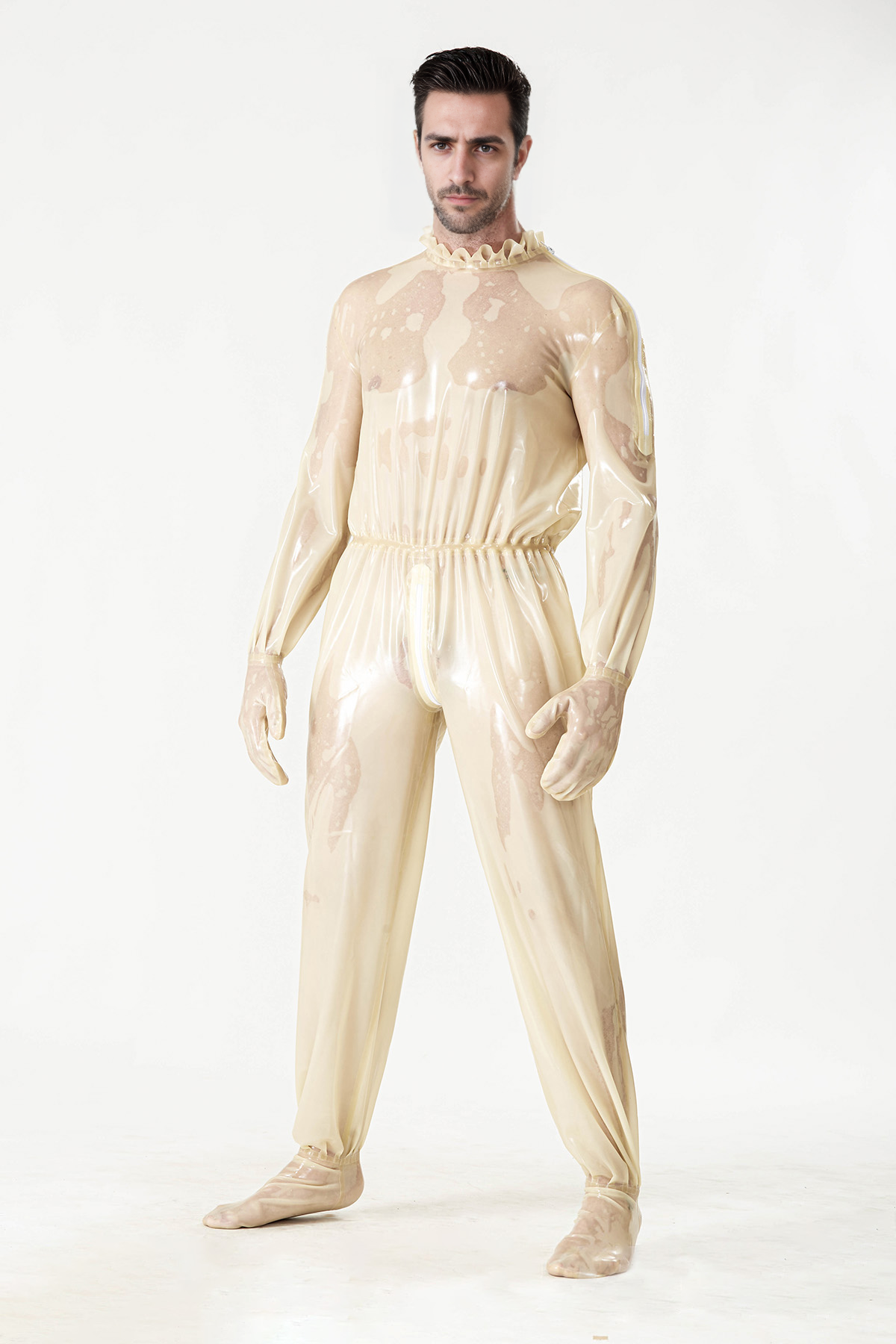 Latex Men’s Translucent Play Suit with Frilled Collar and Elasticated Waist