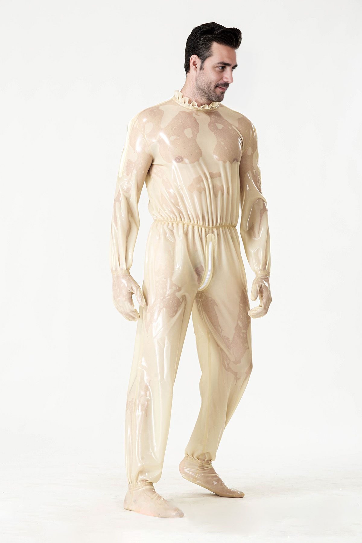 Latex Men’s Translucent Play Suit with Frilled Collar and Elasticated Waist