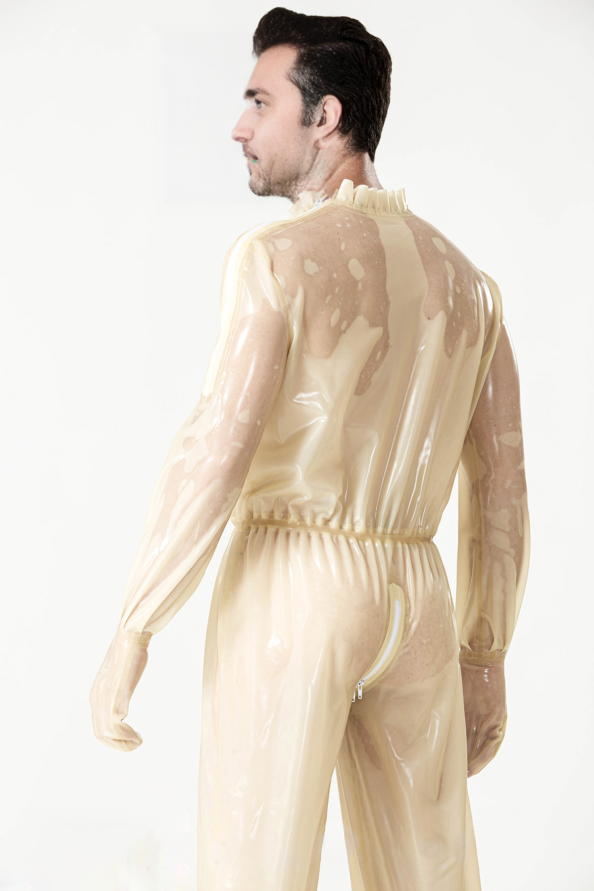 Latex Men’s Translucent Play Suit with Frilled Collar and Elasticated Waist