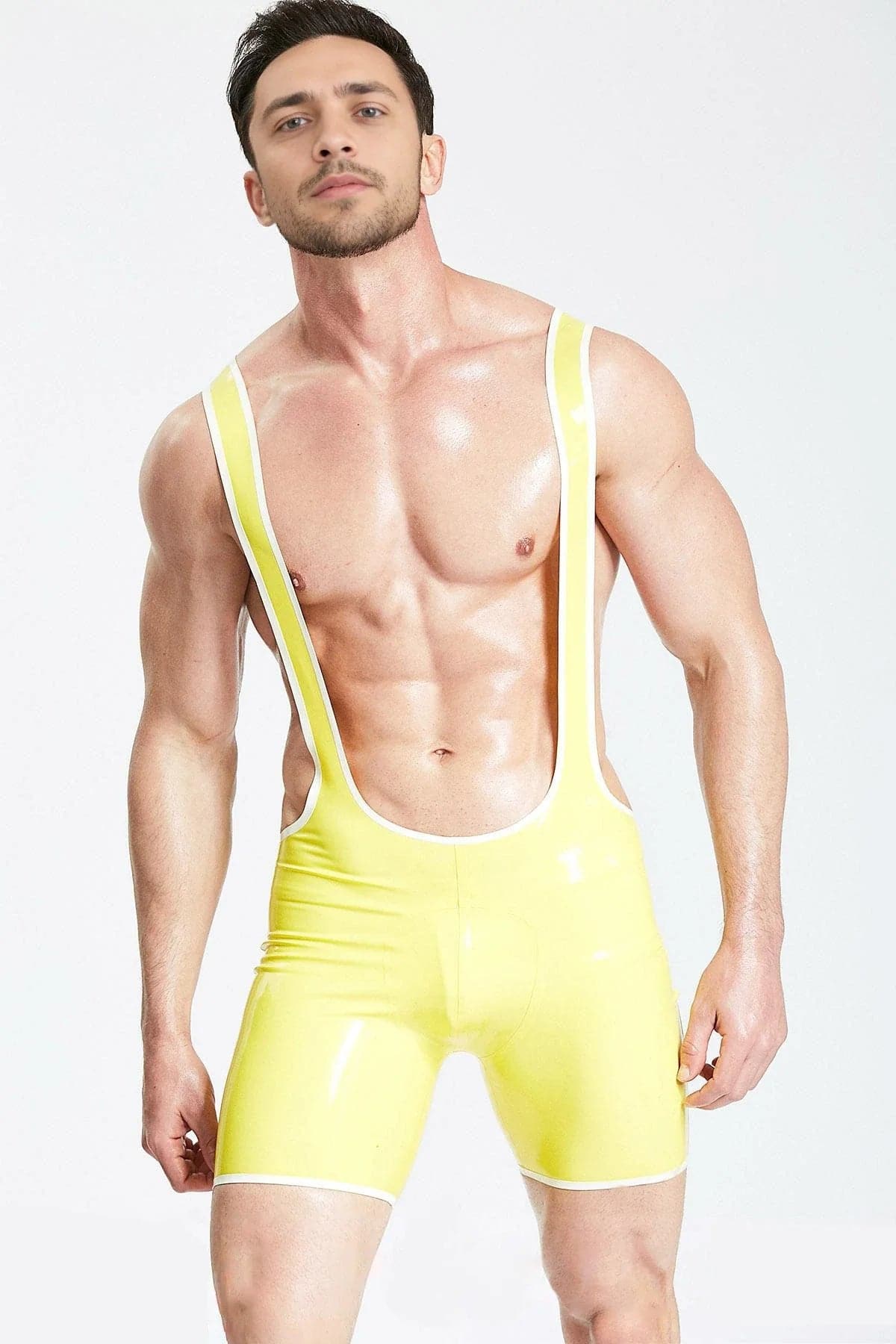 Latex Men’s Suspender Shorts with Contrast Trim – Yellow and White