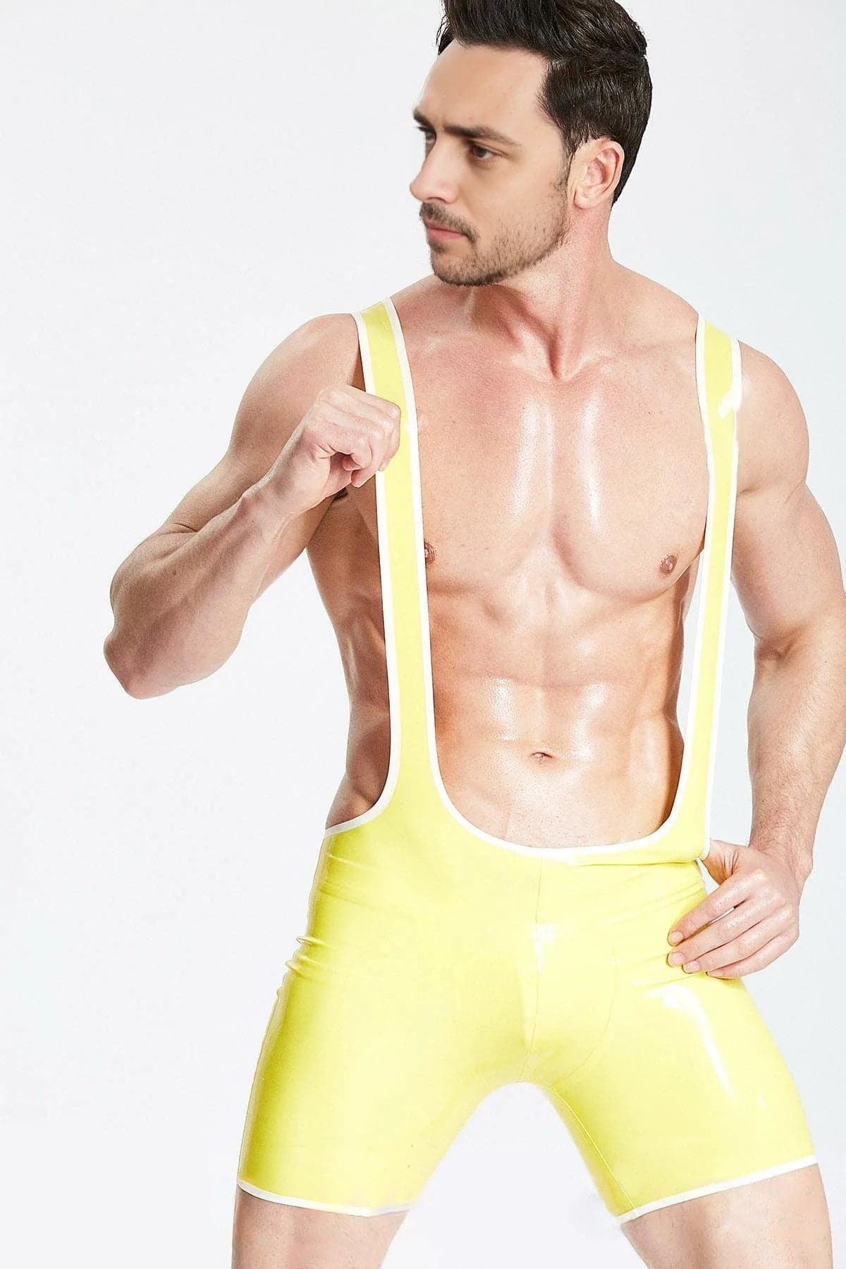 Latex Men’s Suspender Shorts with Contrast Trim – Yellow and White