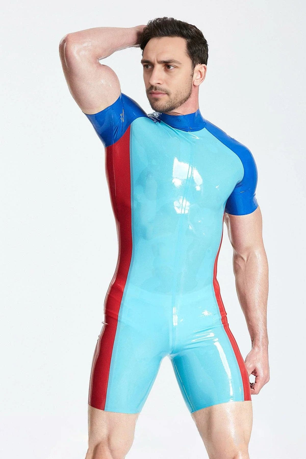 Latex Men’s Tricolour Surfsuit with Raglan Sleeves – Blue and Red