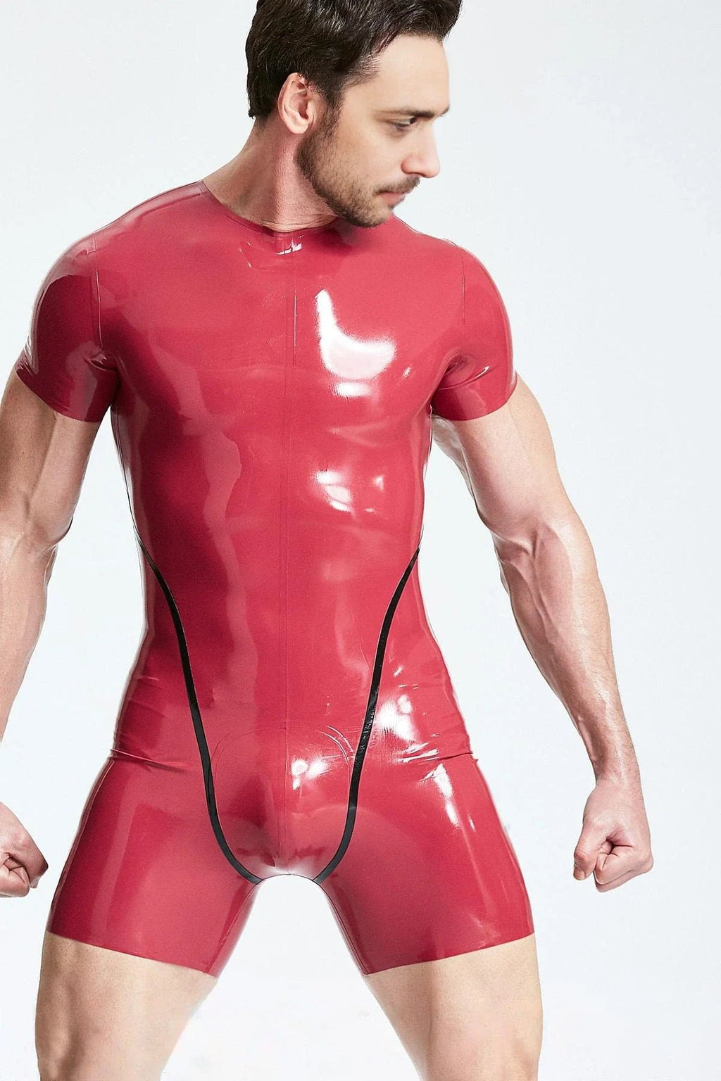 Latex Men’s Short-Sleeved Surfsuit with Leotard Seaming – Plum and Black