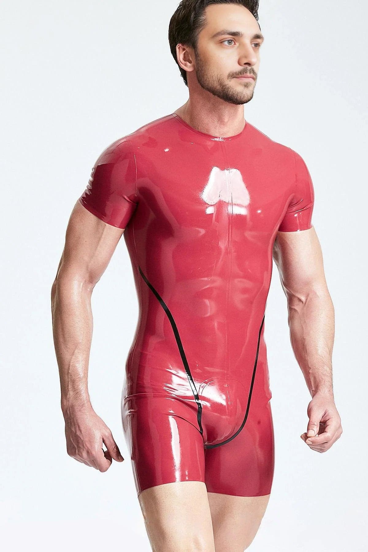 Latex Men’s Short-Sleeved Surfsuit with Leotard Seaming – Plum and Black