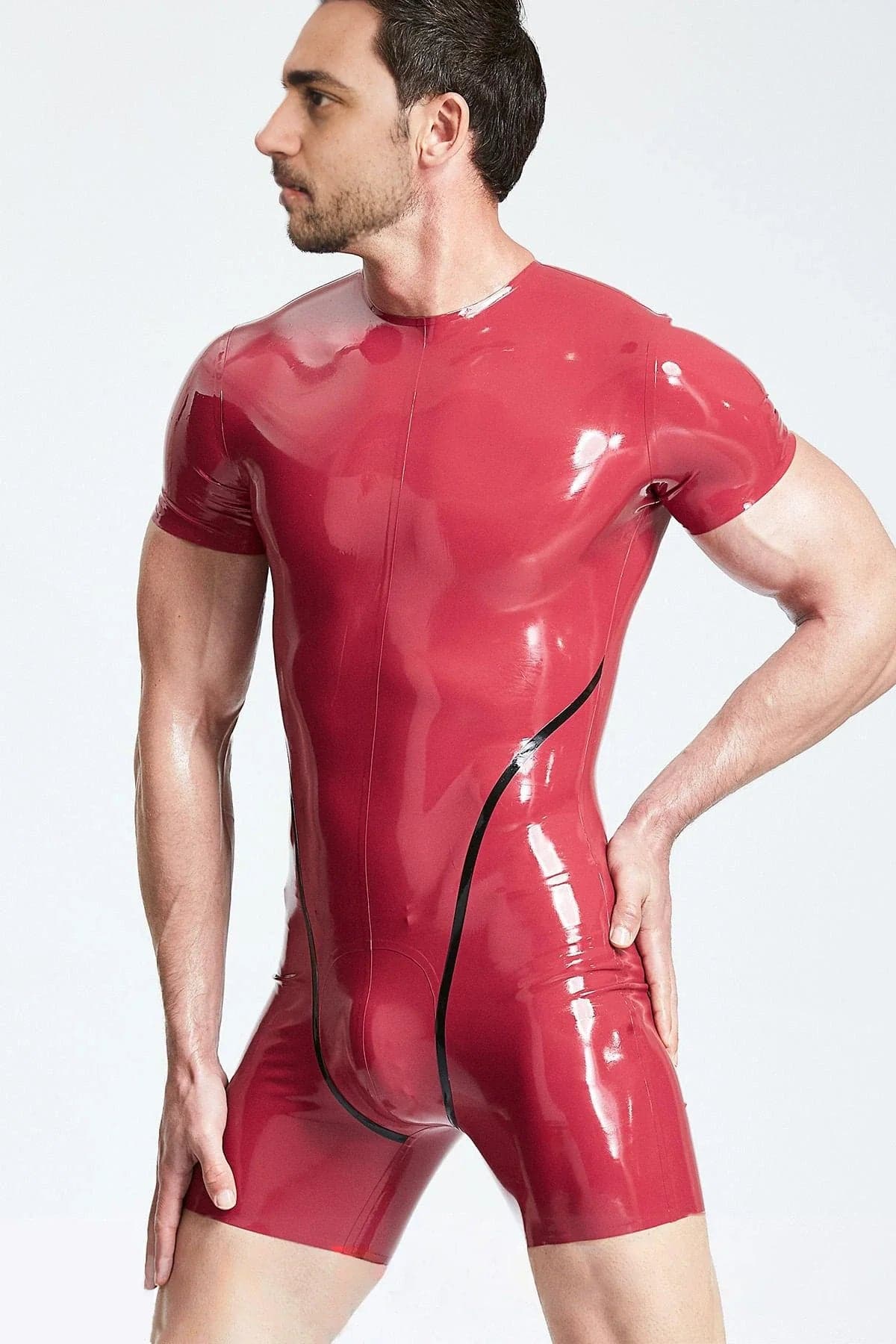 Latex Men’s Short-Sleeved Surfsuit with Leotard Seaming – Plum and Black