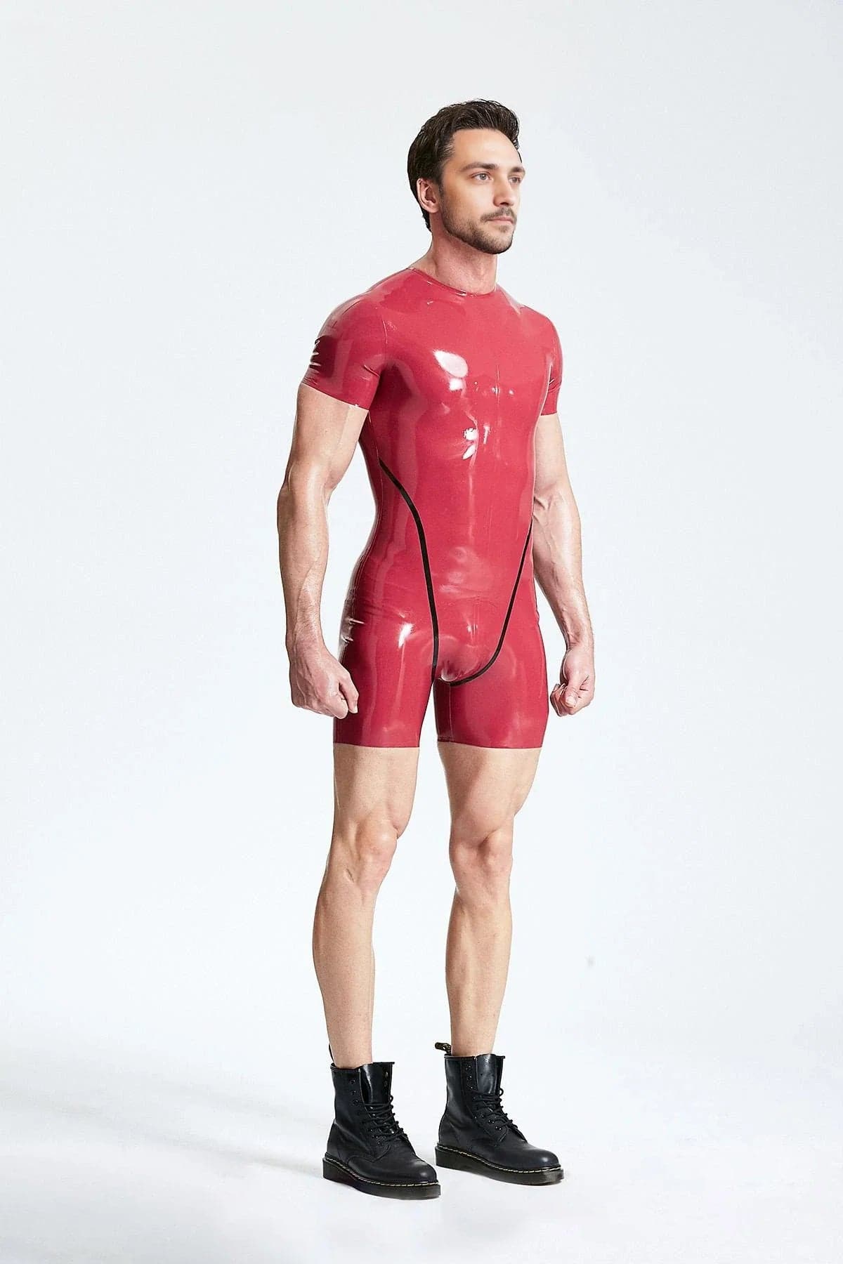 Latex Men’s Short-Sleeved Surfsuit with Leotard Seaming – Plum and Black