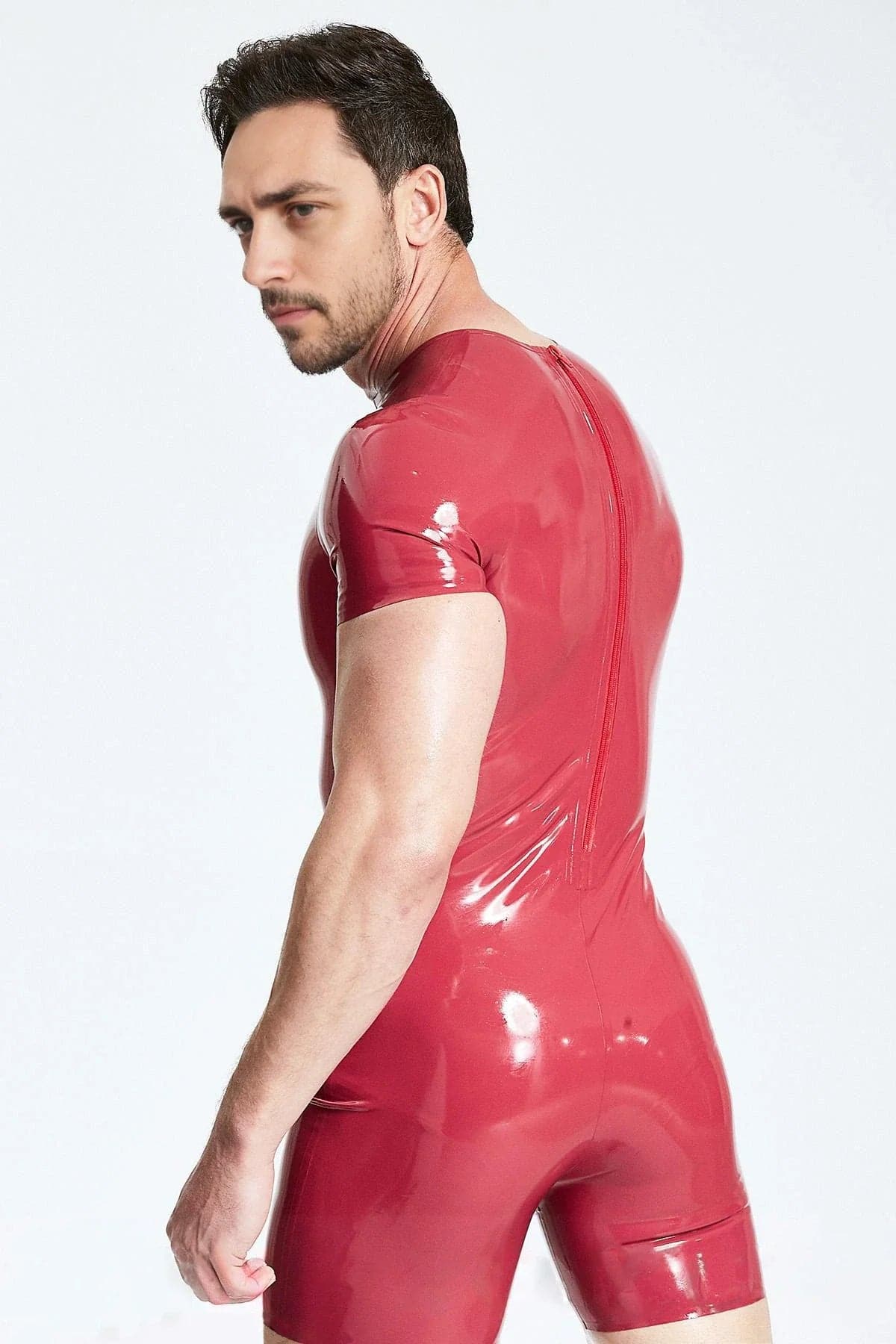 Latex Men’s Short-Sleeved Surfsuit with Leotard Seaming – Plum and Black