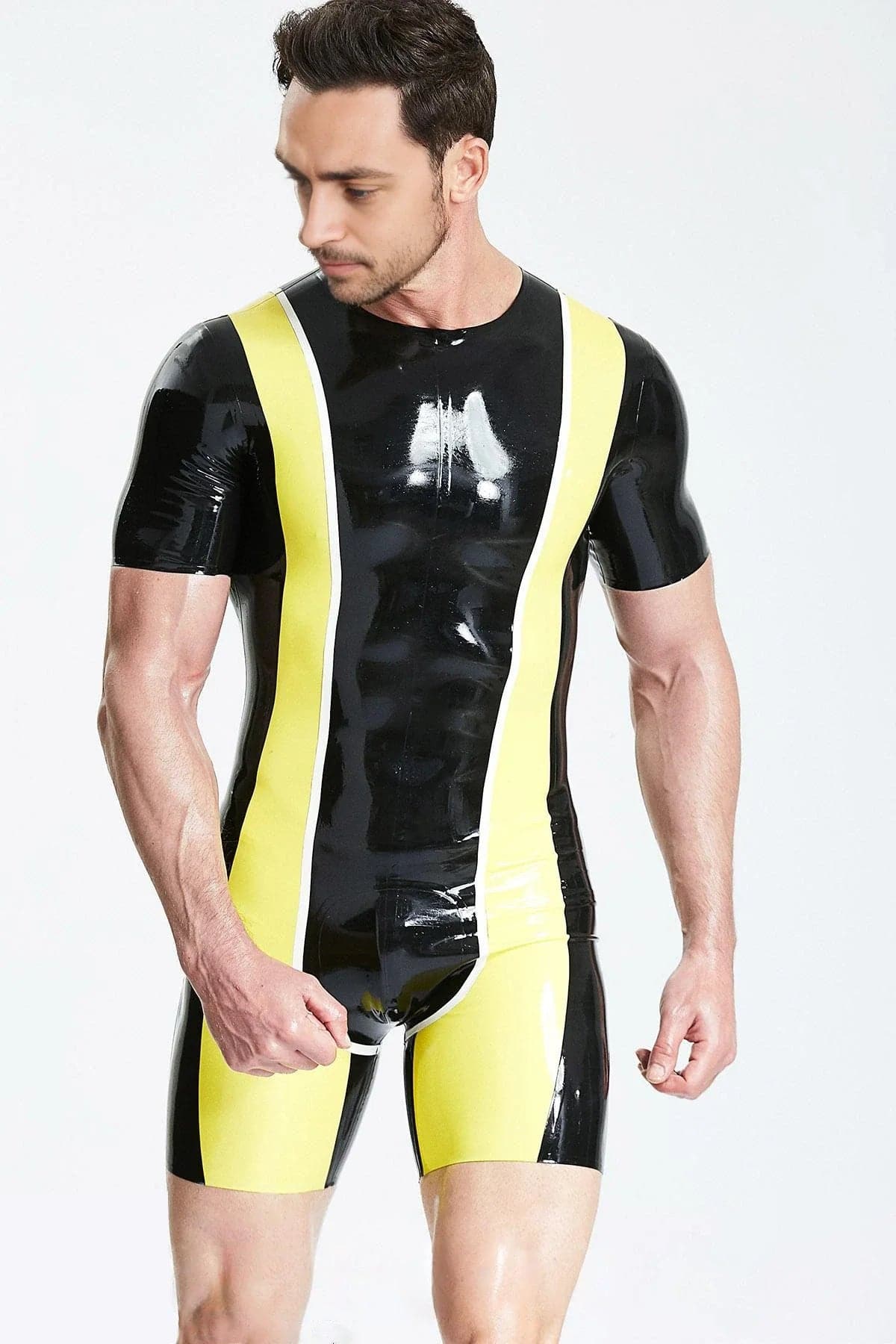 Latex Men’s Surfsuit with Contrast Front and Back Panels – Black, Yellow and White