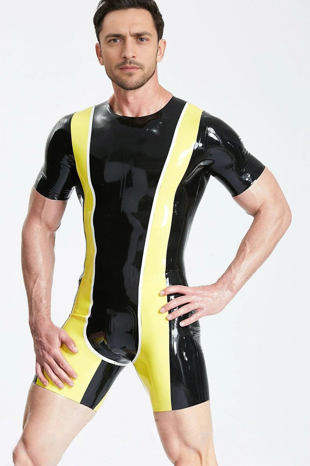 Latex Men’s Surfsuit with Contrast Front and Back Panels – Black, Yellow and White