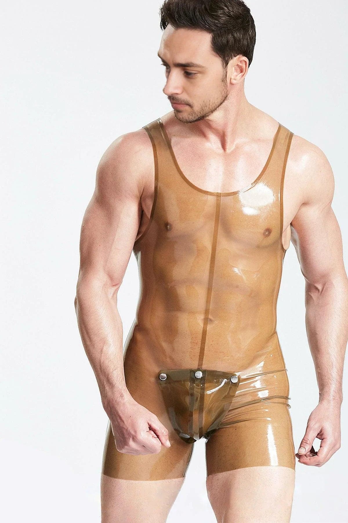 Latex Men’s Singlet Suit with Codpiece – Translucent Grey