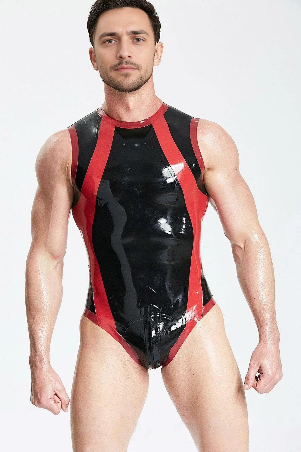 Latex Men’s High-Cut Muscle Leotard with Curved Side Panels – Black and Red