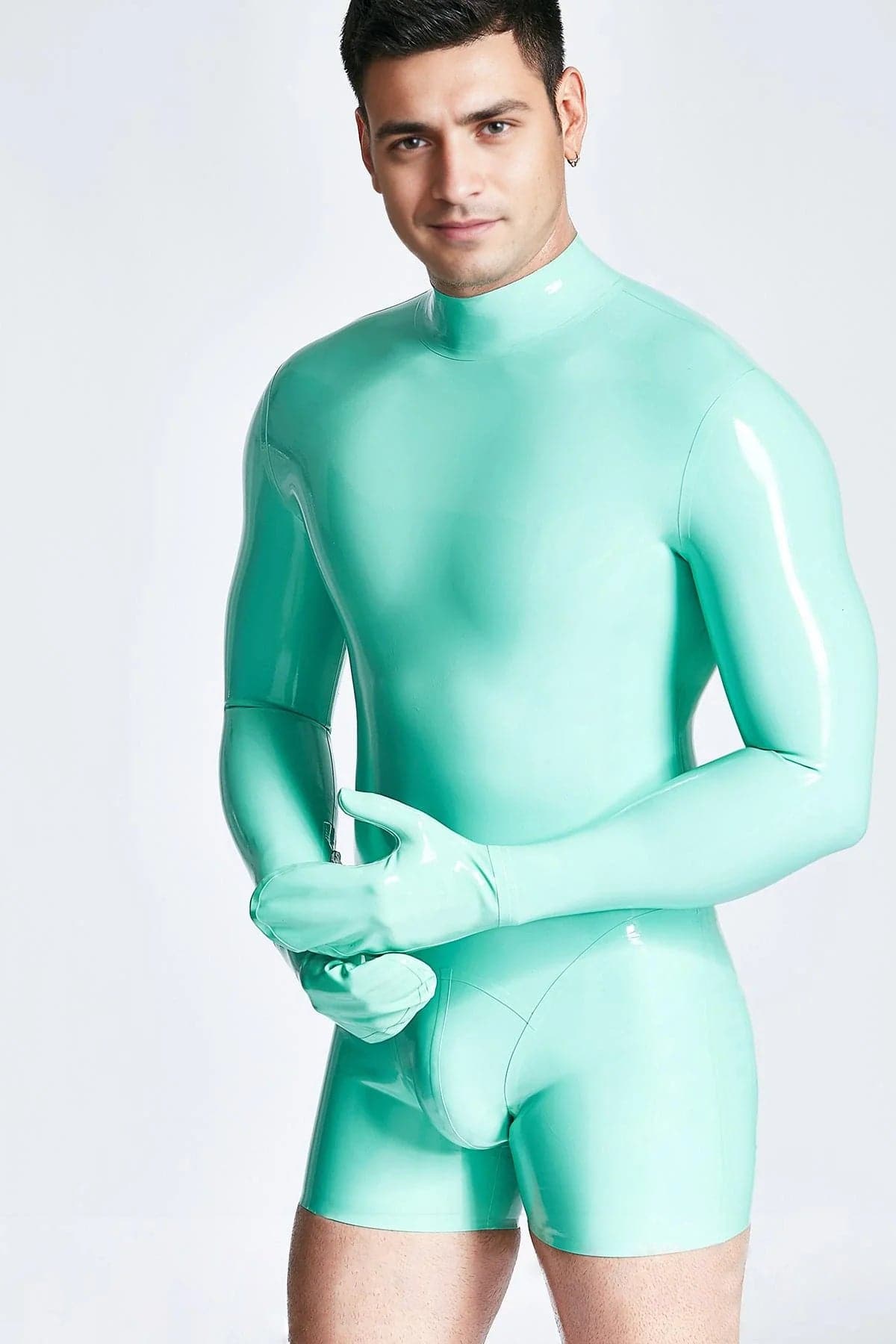 Latex Men’s Short Catsuit with Mitten Sleeves and Neck Entry – Jade Green