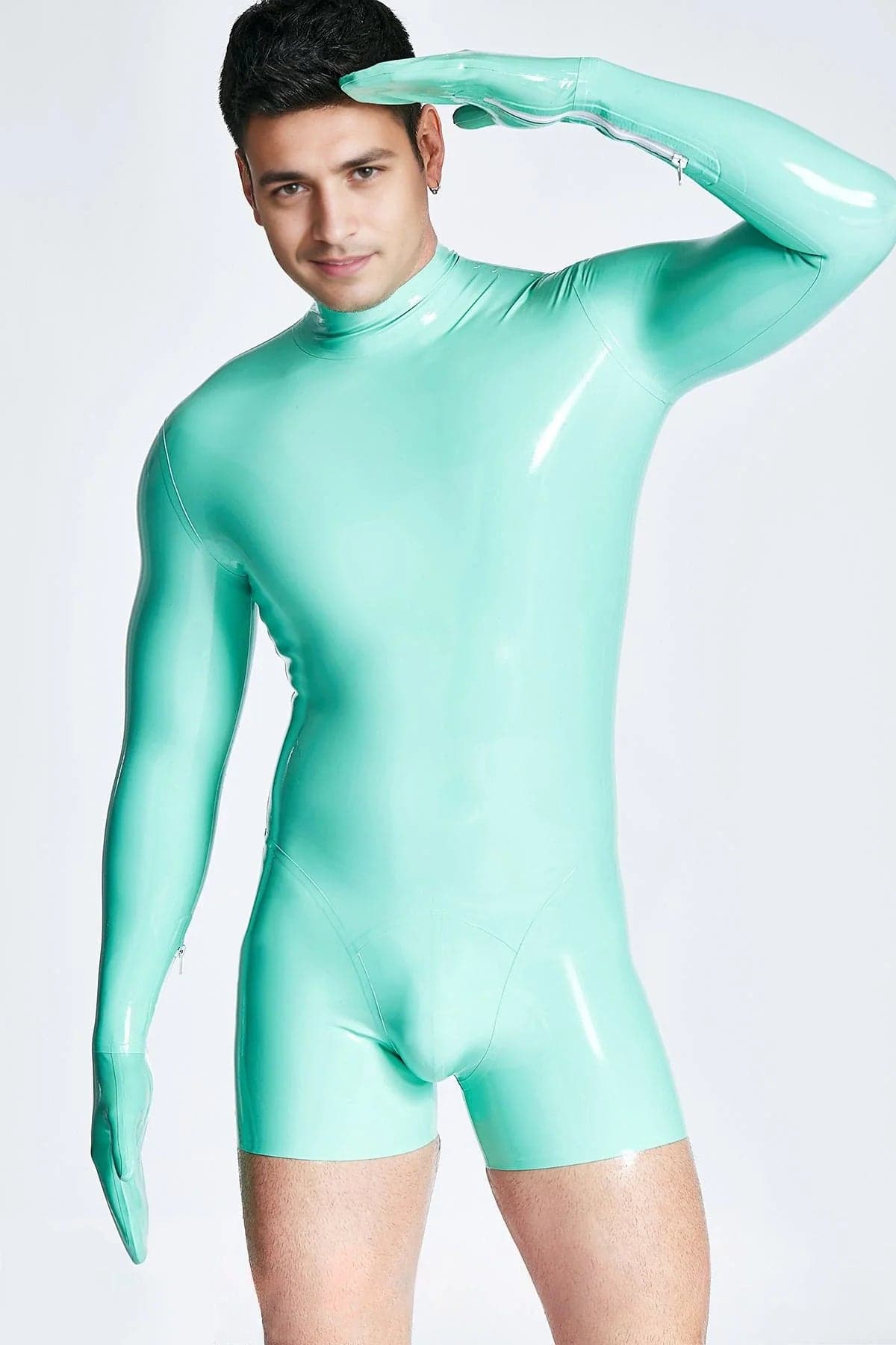 Latex Men’s Short Catsuit with Mitten Sleeves and Neck Entry – Jade Green