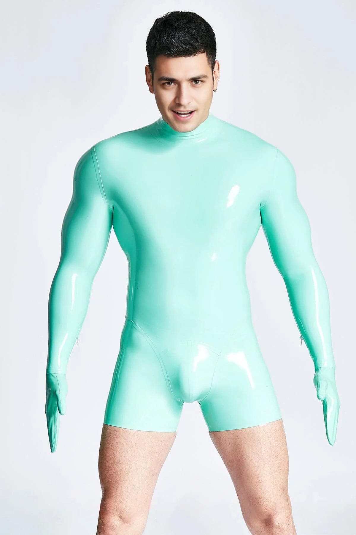 Latex Men’s Short Catsuit with Mitten Sleeves and Neck Entry – Jade Green