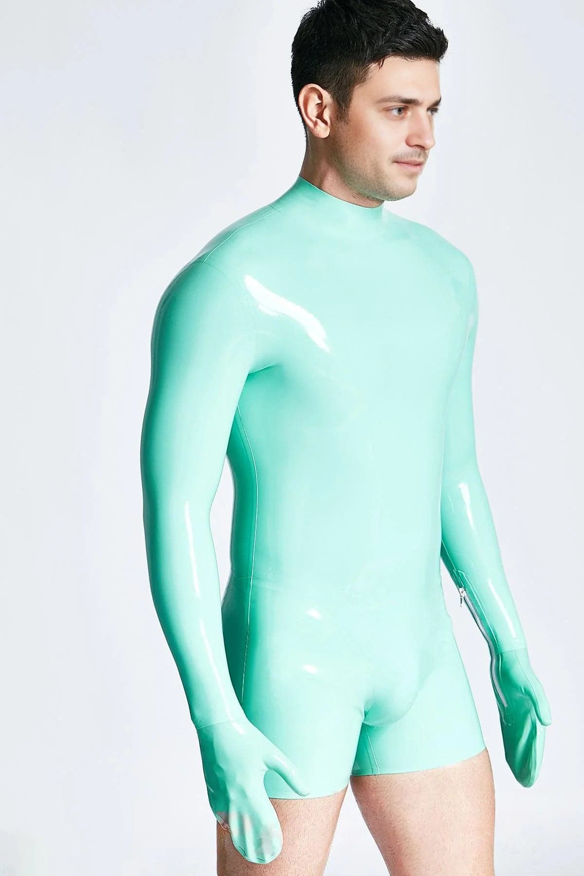 Latex Men’s Short Catsuit with Mitten Sleeves and Neck Entry – Jade Green