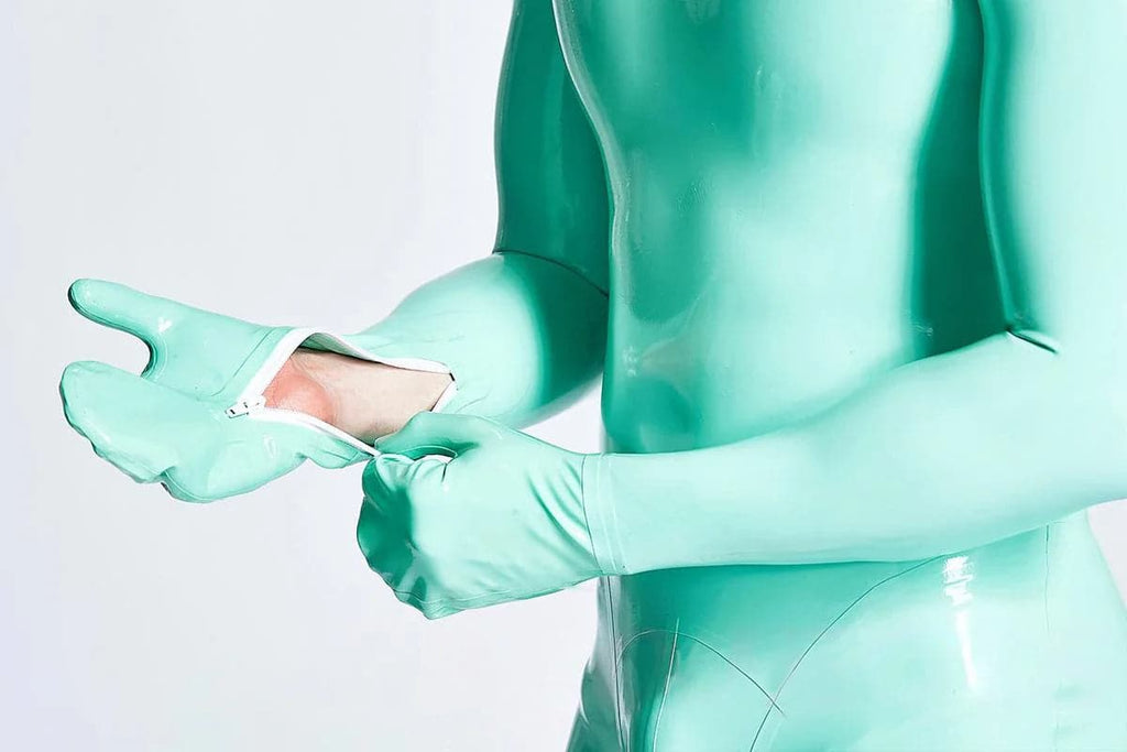 Latex Men’s Short Catsuit with Mitten Sleeves and Neck Entry – Jade Green