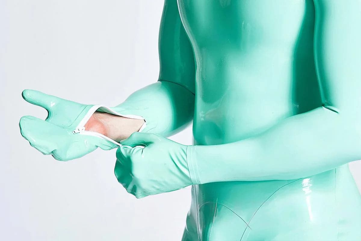 Latex Men’s Short Catsuit with Mitten Sleeves and Neck Entry – Jade Green