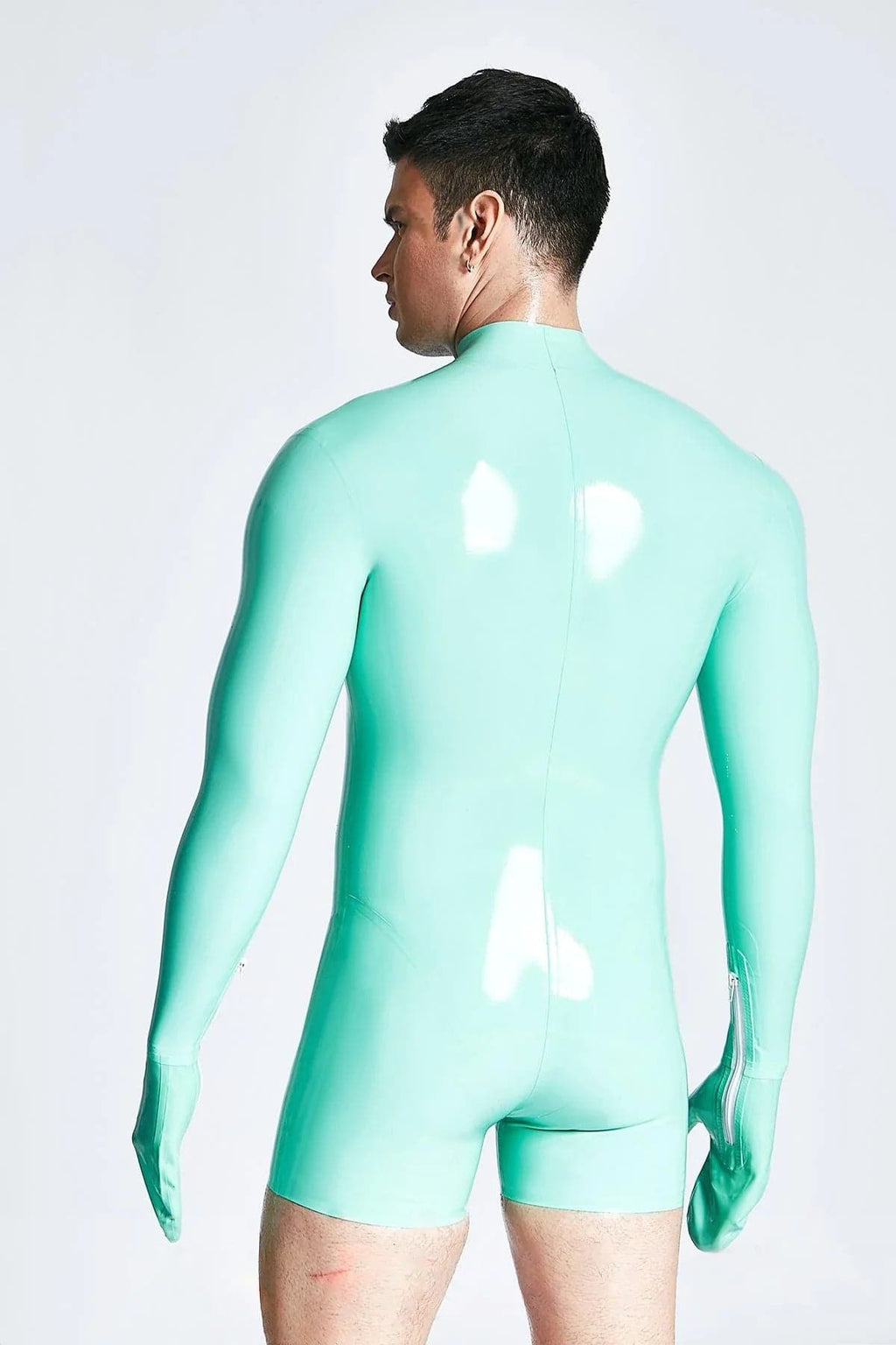 Latex Men’s Short Catsuit with Mitten Sleeves and Neck Entry – Jade Green