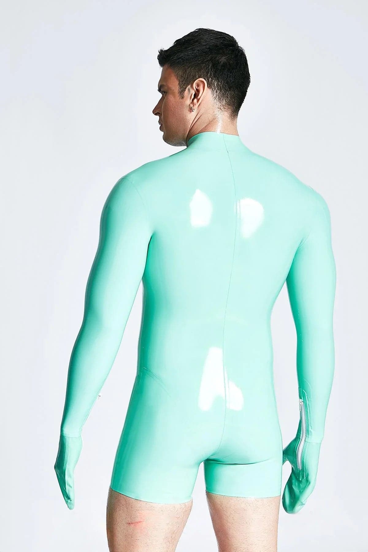 Latex Men’s Short Catsuit with Mitten Sleeves and Neck Entry – Jade Green