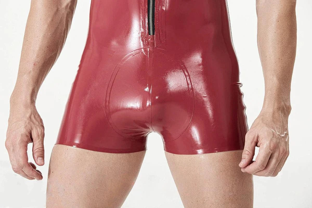 Latex Men’s Short Suit with Front Zip and Metallic Trim – Plum Red