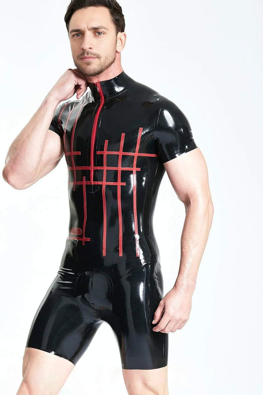 Latex Men’s Grid-Pattern Surfsuit with Contrast Front Zip – Black and Red