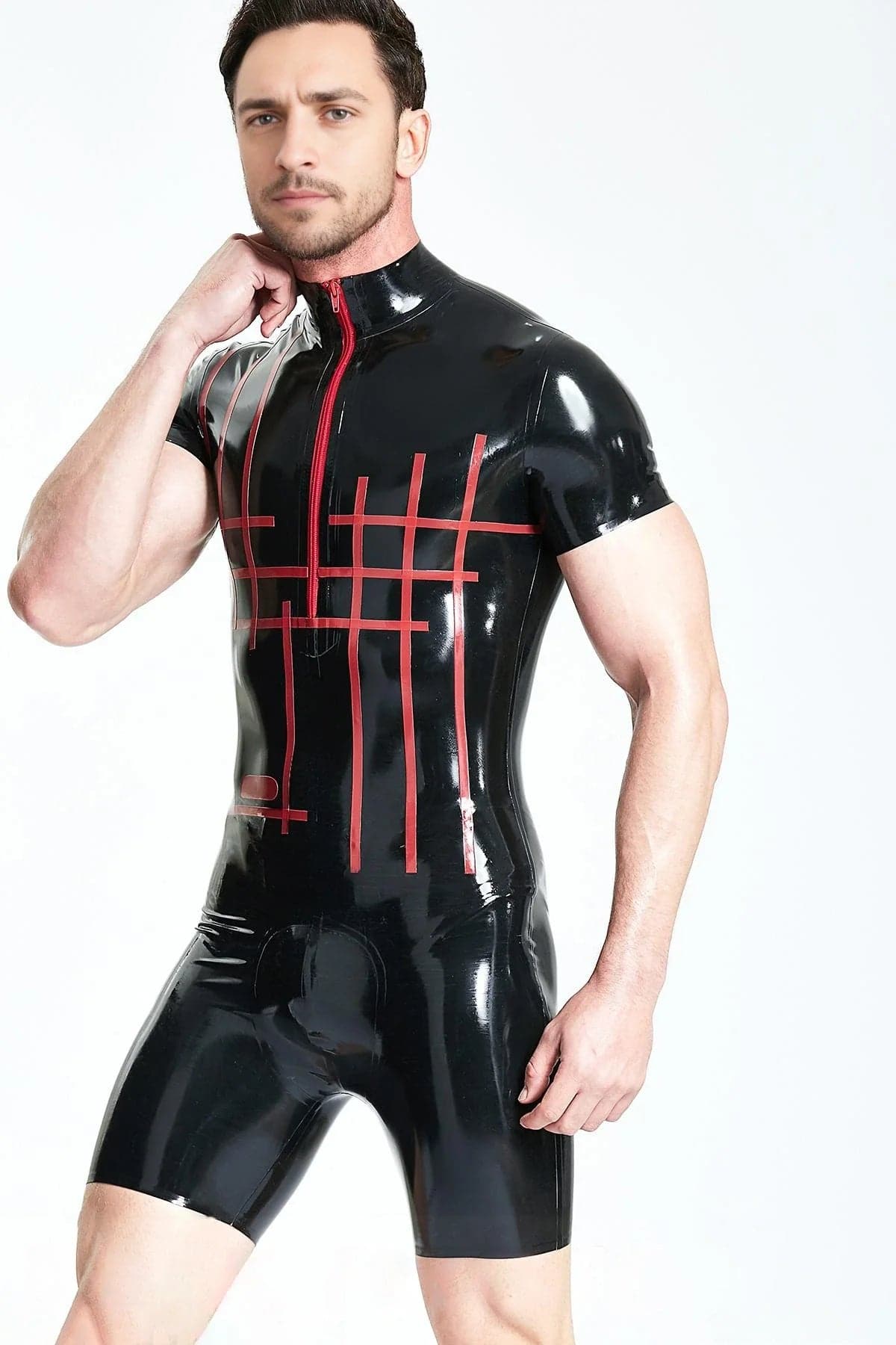 Latex Men’s Grid-Pattern Surfsuit with Contrast Front Zip – Black and Red
