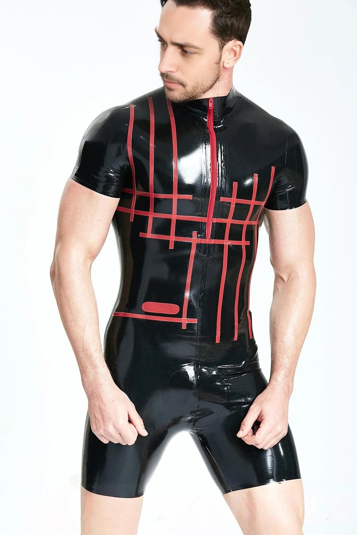 Latex Men’s Grid-Pattern Surfsuit with Contrast Front Zip – Black and Red