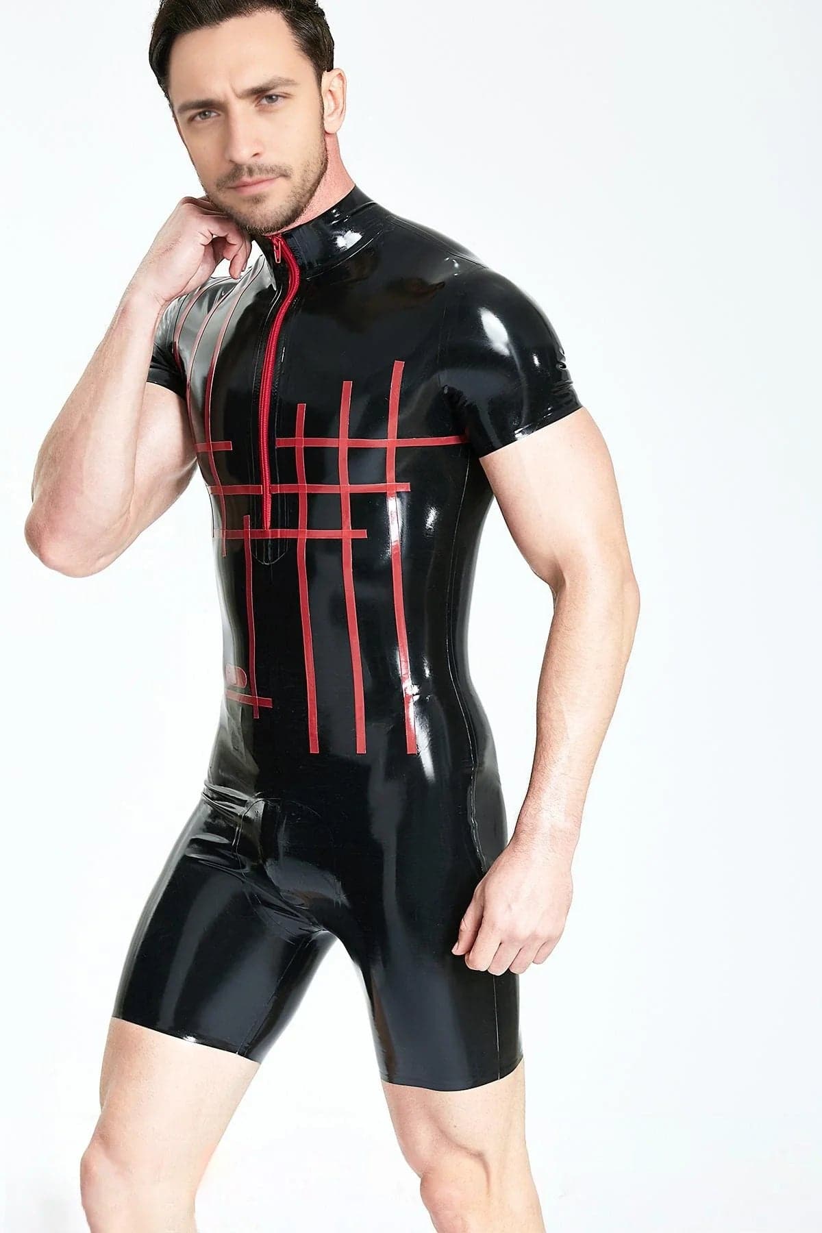 Latex Men’s Grid-Pattern Surfsuit with Contrast Front Zip – Black and Red