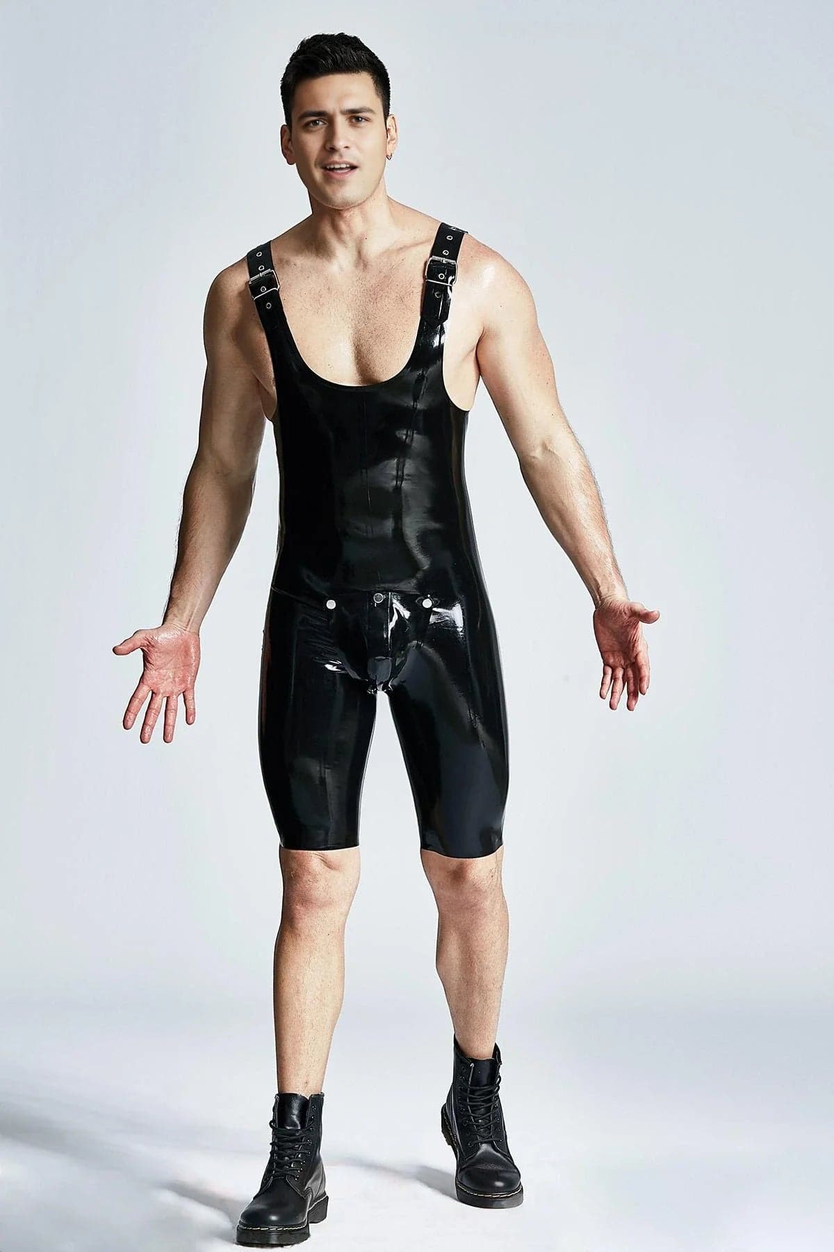 Latex Men’s Cycling Suit with Buckled Shoulder Straps and Codpiece – Black