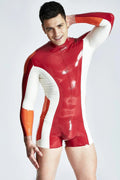 Latex Men’s Tricolour Romper Suit with Long Sleeves – Red, White and Orange