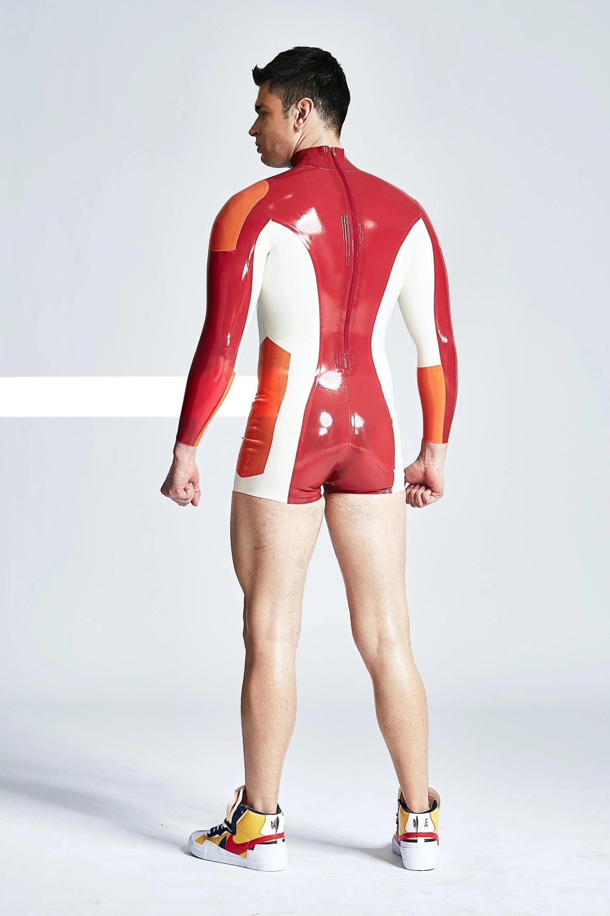 Latex Men’s Tricolour Romper Suit with Long Sleeves – Red, White and Orange