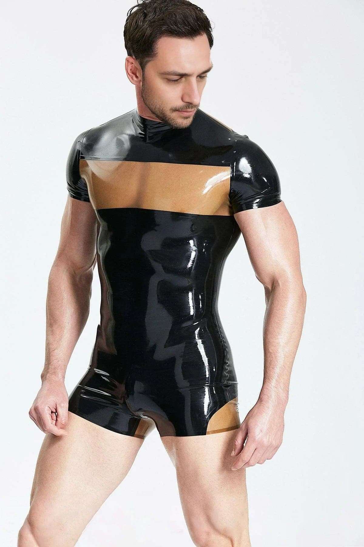 Latex Men’s Short Surfsuit with Translucent Chest and Back Panels – Black