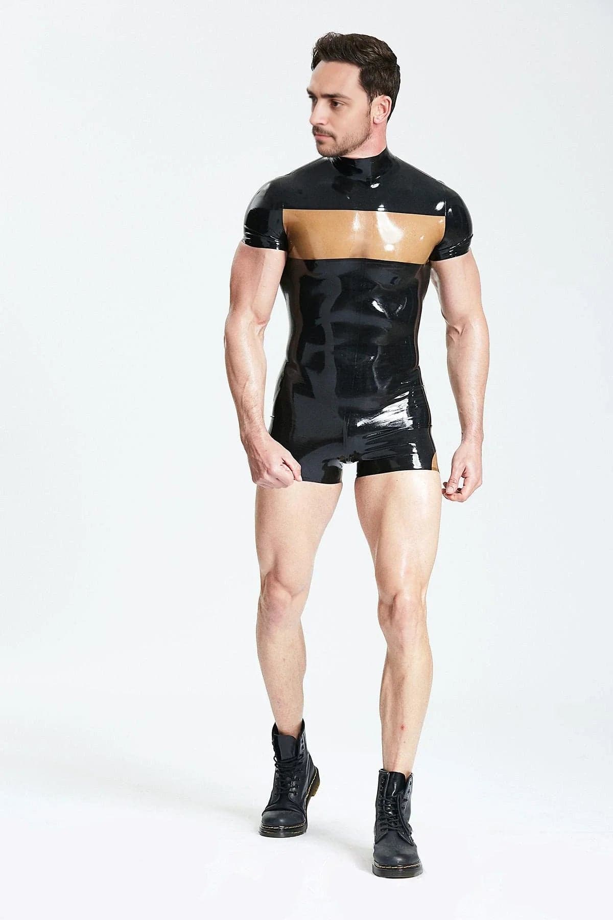 Latex Men’s Short Surfsuit with Translucent Chest and Back Panels – Black