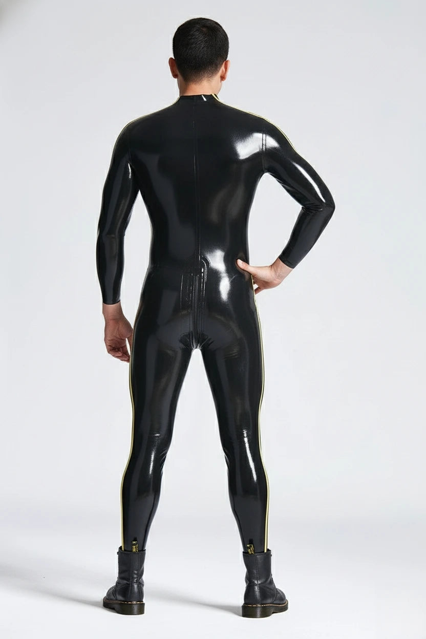 Latex Men’s Catsuit with Triple Side Stripes and Shoulder Zips – Black and Yellow