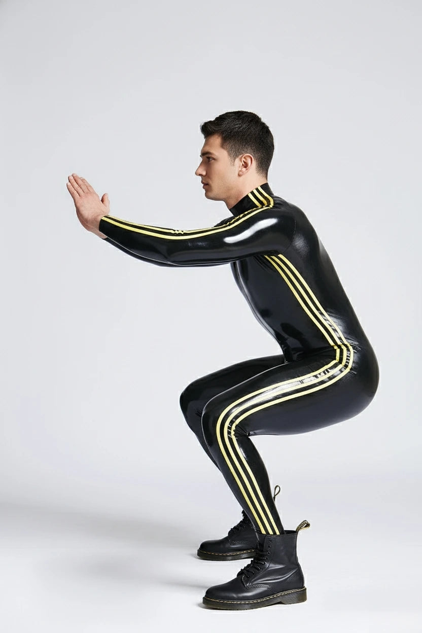 Latex Men’s Catsuit with Triple Side Stripes and Shoulder Zips – Black and Yellow