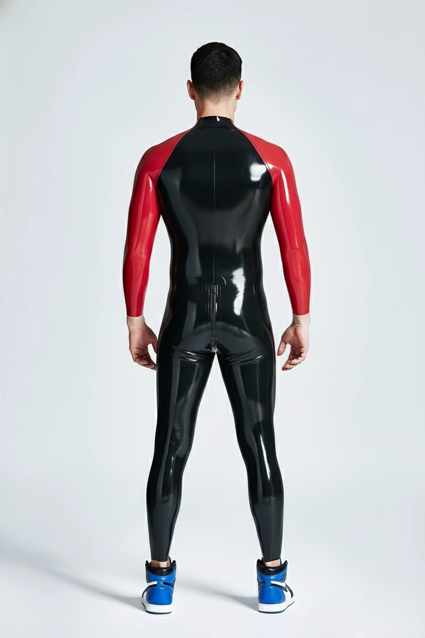 Latex Men’s Catsuit with Contrast Raglan Sleeves – Black and Red
