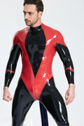 Latex Men’s Catsuit with Deep V Front Panel and Inflatable Arrow Tail – Red and Black